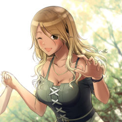 Rule 34 | 1girl, 1other, bare shoulders, blonde hair, blush, bracelet, breasts, brown eyes, brown hair, camisole, cleavage, collarbone, earrings, gradient hair, gyaru, highres, holding hands, idolmaster, idolmaster shiny colors, izumi mei, jewelry, lace-up top, large breasts, long hair, multicolored hair, necklace, one eye closed, outdoors, outstretched hand, shizuhime, signature, solo focus, straylight (idolmaster), tan, tree