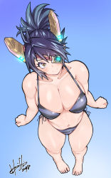 Rule 34 | 1girl, 2018, antenna hair, bare arms, bare legs, bare shoulders, barefoot, bikini, blush, breasts, cleavage, closed mouth, collarbone, eyepatch, foreshortening, from above, full body, gradient background, hair intakes, headgear, highres, hori shin, kantai collection, large breasts, legs apart, looking at viewer, navel, ponytail, purple hair, short hair, side-tie bikini bottom, signature, solo, striped bikini, striped clothes, swimsuit, tenryuu (kancolle), thighs, yellow eyes