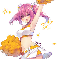 Rule 34 | 1girl, :d, arm up, armpits, artist name, bare shoulders, belt, blush, cheerleader, chiiririn, crop top, hair rings, highres, hip focus, looking at viewer, midriff, navel, open mouth, original, pink eyes, pink hair, pom pom (cheerleading), shirt, simple background, skirt, smile, solo, star (symbol), stomach, taut clothes, taut shirt, two side up, uniform, white background, white skirt