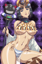 Rule 34 | 00s, 1girl, :o, blue eyes, blue hair, breasts, cleavage, curvy, egyptian, egyptian clothes, headdress, highres, hip focus, matching hair/eyes, menace (queen&#039;s blade), navel, no bra, official art, panties, queen&#039;s blade, revealing clothes, screencap, setra, shiny skin, short hair, solo, stitched, striped clothes, striped panties, third-party edit, thong, underboob, underwear, urushihara satoshi, wide hips