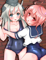 Rule 34 | 10s, 2girls, against wall, alternate costume, bare shoulders, blue eyes, blush, breasts, cleavage, garrison cap, hat, i-58 (kancolle), kantai collection, kojiro d, long hair, looking at viewer, multiple girls, one-piece swimsuit, open mouth, pink hair, red eyes, school swimsuit, school uniform, serafuku, short hair, silver hair, swimsuit, swimsuit under clothes, u-511 (kancolle)