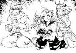 Rule 34 | 1girl, 2boys, ahoge, bare shoulders, belt, black sailor collar, black shorts, black sleeves, bow, bow hairband, brother and sister, controller, crop top, greyscale, grin, hair bow, hair ornament, hairband, hairclip, highres, holding, holding controller, jacket, kagamine len, kagamine rin, kaito (vocaloid), kanononoring, kneeling, leg warmers, midriff, monochrome, motion blur, motion lines, multiple boys, navel, neckerchief, necktie, playing games, pointing, pointing up, sailor collar, scarf, shirt, shoes, short ponytail, short sleeves, shorts, siblings, sidelocks, sleeveless, sleeveless shirt, smile, smug, sneakers, sparkle, sweatdrop, swept bangs, twins, v-shaped eyebrows, video game, vocaloid, wide sleeves
