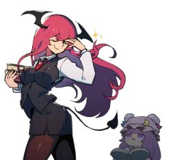 Rule 34 | 2girls, bat wings, black pantyhose, black skirt, black vest, book, chibi, chibi inset, closed eyes, closed mouth, crescent, crescent pin, demon tail, hat, head wings, holding, holding book, iganashi1, koakuma, long hair, long sleeves, looking at another, mob cap, multiple girls, multiple wings, one-hour drawing challenge, pantyhose, patchouli knowledge, purple eyes, purple hair, red hair, shirt, simple background, skirt, smile, standing, tail, touhou, triangle mouth, vest, white background, white shirt, wings