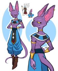 Rule 34 | 2boys, absurdres, ancient egyptian clothes, animal ear piercing, animal ears, arm behind back, armlet, beerus, blue pants, blue skin, cat ears, cat tail, clothing cutout, colored skin, dragon ball, dragon ball super, earrings, floating, furry, furry male, highres, holding, holding staff, iseenudepeople, jewelry, male focus, multiple boys, neck ring, pants, single earring, skinny, staff, tail, tail through clothes, usekh collar, whis, white hair