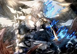 Rule 34 | 1boy, bishounen, black gloves, blue eyes, blue fire, closed mouth, elbow gloves, expressionless, fire, gloves, granblue fantasy, grey background, looking at viewer, lucilius (granblue fantasy), male focus, messy hair, muramitsu (d3jgv), muscular, muscular male, pale skin, scar, scar on neck, simple background, solo, topless male, white hair, wings