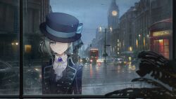Rule 34 | 1girl, ascot, black vest, blue bow, blurry, blurry foreground, boater hat, bow, building, bus, car, city lights, closed mouth, collared shirt, condensation, double-decker bus, elizabeth tower, european architecture, facing viewer, frown, gem, grey hair, hair bun, hat, hat bow, hat over one eye, highres, jacket, lamppost, london, looking at viewer, looking inside, monstera deliciosa, motor vehicle, night, official art, one eye covered, overcast, phone booth, plant, purple gemstone, purple hat, purple jacket, reverse:1999, road, shirt, short hair, single side bun, sky, solo, street, upper body, vertin (reverse:1999), vest, water drop, water on glass, wet floor, white ascot, white shirt, window