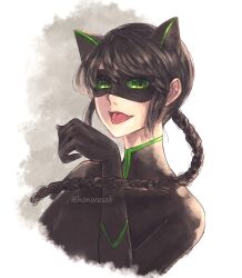 Rule 34 | 1girl, animal ears, black bodysuit, black hair, black mask, bodysuit, braid, cat ears, cat girl, highres, honwasab, lady noir, looking at viewer, marinette dupain-cheng, mask, miraculous ladybug, paw pose, simple background, single braid, slit pupils, solo, tongue, tongue out, upper body