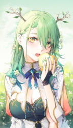 Rule 34 | 1girl, absurdres, antlers, apple, bad id, bad twitter id, braid, braided bangs, branch, breasts, ceres fauna, cleavage, earrings, flower, food, french braid, fruit, golden apple, green eyes, green hair, hair flower, hair ornament, highres, hololive, hololive english, horns, jewelry, large breasts, long hair, mole, mole under eye, nail polish, open mouth, single braid, solo, upper body, virtual youtuber, yamiiv, yellow eyes