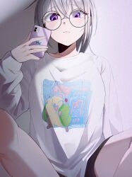 Rule 34 | 1girl, black shorts, cellphone, closed mouth, glasses, grey hair, highres, holding, holding phone, indian style, ine (vtuber), long hair, long sleeves, looking at viewer, phone, ponytail, print shirt, purple eyes, round eyewear, shirt, short shorts, shorts, sitting, smartphone, sobayaki18, solo, virtual youtuber, waktaverse, white shirt