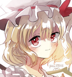 Rule 34 | 1girl, blonde hair, closed mouth, flandre scarlet, frilled shirt collar, frills, hat, hat ribbon, highres, ichirugi, light smile, looking at viewer, medium hair, mob cap, one side up, pixiv id, portrait, red eyes, red ribbon, ribbon, ribbon-trimmed headwear, ribbon trim, solo, touhou, white hat, wings