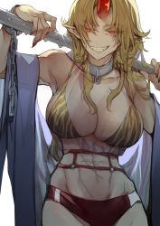 Rule 34 | 1girl, abs, alternate costume, arm up, armpits, bare shoulders, blonde hair, breasts, chain, cleavage, club, club (weapon), collar, cowboy shot, cuffs, eyes visible through hair, fingernails, glint, grin, hands up, highres, holding club, holding weapon, horns, hoshiguma yuugi, large breasts, long fingernails, long hair, looking at viewer, metal collar, nail polish, oni horns, pointy ears, red eyes, red nails, risui (suzu rks), see-through, shackles, sharp fingernails, shawl, sidelocks, simple background, single horn, slit pupils, smile, solo, spiked club, teeth, toned, touhou, very long hair, weapon, white background