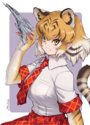 Rule 34 | 1girl, animal ears, animal print, black hair, collared shirt, commentary request, elbow gloves, extra ears, gloves, highres, kemono friends, kosai takayuki, looking at viewer, model airplane, multicolored hair, necktie, orange hair, plaid, plaid necktie, plaid skirt, plaid trim, pleated skirt, print gloves, red necktie, red skirt, shirt, short hair, short sleeves, skirt, smile, solo, tail, tiger (kemono friends), tiger ears, tiger girl, tiger print, tiger tail, two-tone hair, white shirt, yellow eyes