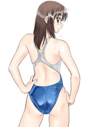 Rule 34 | 1990s (style), 1girl, ass, brown eyes, brown hair, competition swimsuit, cowboy shot, from behind, hands on own hips, long hair, morii kaho, one-piece swimsuit, polorinken, profile, retro artstyle, sentimental graffiti, simple background, smile, swimsuit, wet, white background