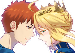 Rule 34 | 1boy, 1girl, ahoge, artoria pendragon (fate), artoria pendragon (lancer) (fate), blonde hair, blue shirt, braid, brown eyes, colored eyelashes, crown, emiya shirou, fate/stay night, fate (series), fateline alpha, forehead-to-forehead, french braid, from side, green eyes, hair between eyes, heads together, highres, red hair, shirt, smile, upper body, white background