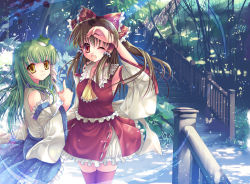 Rule 34 | 2girls, bad id, bad pixiv id, bow, brown hair, covering own eyes, day, detached sleeves, female focus, frog, green hair, hair ornament, hakurei reimu, japanese clothes, kochiya sanae, light rays, miko, multiple girls, nature, one eye closed, open mouth, outdoors, pointing, red eyes, short hair, smile, snake, sousouman, stairs, sunbeam, sunlight, thighhighs, touhou, wink, yellow eyes, zettai ryouiki