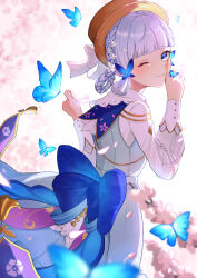 Rule 34 | 1girl, absurdres, ayaka (genshin impact), back bow, blue bow, blue dress, blue eyes, blue hair, blunt bangs, blunt tresses, blush, bow, braid, bug, butterfly, butterfly hair ornament, butterfly ring, cherry blossoms, closed mouth, commentary request, dress, finger to mouth, flower, from behind, genshin impact, hair flower, hair ornament, hat, highres, index finger raised, insect, kamisato ayaka, kamisato ayaka (springbloom missive), light blue hair, long sleeves, looking at viewer, mokankan, official alternate costume, official alternate hairstyle, one eye closed, puffy long sleeves, puffy sleeves, smile, solo, upper body