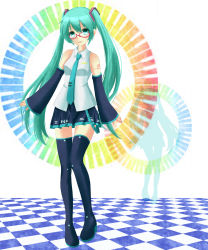 Rule 34 | 1girl, bespectacled, boots, checkered floor, detached sleeves, floor, glasses, green eyes, green hair, hatsune miku, highres, long hair, matching hair/eyes, necktie, skirt, solo, terun, thigh boots, thigh gap, thighhighs, twintails, very long hair, vocaloid