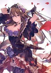 Rule 34 | 10s, 1girl, breasts, brown hair, cleavage, collar, dress, flower, frills, granblue fantasy, hair flower, hair ornament, highres, holding, holding own hair, large breasts, long hair, minaba hideo, official art, petals, purple eyes, rose, rose petals, rosetta (granblue fantasy), smile, solo, sword, thighhighs, weapon