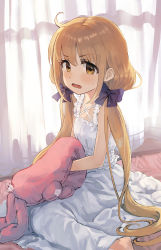 Rule 34 | 1girl, ahoge, bare arms, bare shoulders, barefoot, blonde hair, blue bow, blush, bow, brown eyes, commentary request, curtains, damaged, day, dress, futaba anzu, hair between eyes, hair bow, highres, holding, holding stuffed toy, idolmaster, idolmaster cinderella girls, indoors, long hair, looking at viewer, low twintails, open mouth, ryokucha manma, sitting, sleeveless, sleeveless dress, solo, stuffed animal, stuffed rabbit, stuffed toy, sweat, transparent, twintails, very long hair, wariza, wavy mouth, white dress, window
