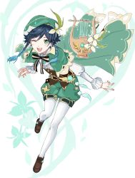 Rule 34 | 1boy, androgynous, beret, black hair, blue hair, blush, bow, braid, brooch, brown footwear, cape, collared cape, collared shirt, corset, feathers, flower, frilled sleeves, frills, full body, gem, genshin impact, gradient hair, green eyes, green hat, green shorts, hair flower, hair ornament, hat, highres, instrument, jewelry, leaf, long sleeves, looking at viewer, lyre, male focus, multicolored hair, one eye closed, open mouth, pantyhose, pinwheel, ribbon, shirt, shoes, short hair with long locks, shorts, simple background, smile, solo, sushi 171, twin braids, venti (genshin impact), vision (genshin impact), white flower, white pantyhose, white shirt