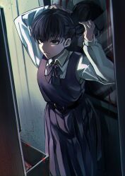 Rule 34 | 1girl, absurdres, belt, belt buckle, black belt, black dress, black eyes, black hair, blood, buckle, chainsaw man, closed mouth, collared shirt, commentary request, dress, fourth east high school uniform, highres, indoors, kansya, long hair, long sleeves, mirror, mitaka asa, neck ribbon, pinafore dress, reflection, ribbon, school uniform, shirt, sleeveless, sleeveless dress, solo, tying hair, white shirt