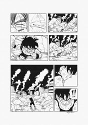 Rule 34 | 1boy, absurdres, bruise, bruise on face, building, clenched teeth, closed eyes, comic, commentary, dragon ball, dragonball z, eegiiartto, english commentary, english text, half-closed eye, highres, injury, male focus, monochrome, muscular, muscular child, muscular male, right-to-left comic, rubble, ruins, silent comic, smoke, solo, son gohan, son gohan (future), teeth, wristband