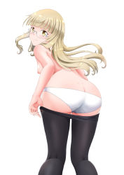 Rule 34 | 1girl, black pantyhose, blonde hair, blunt bangs, blush, breasts, butt crack, closed mouth, clothes pull, floating hair, glasses, long hair, looking at viewer, looking back, nipples, panties, pantyhose, pantyhose pull, perrine h. clostermann, simple background, small breasts, smile, solo, standing, straight hair, strike witches, taros illust, topless, underwear, undressing, very long hair, white background, white panties, world witches series, yellow eyes