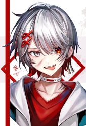 Rule 34 | 1boy, blood, close-up, commentary request, evil eyes, hair between eyes, hair ornament, hairclip, highres, looking at viewer, male focus, nixtutyannh, original, smile, teeth, tongue, tongue out, white hair