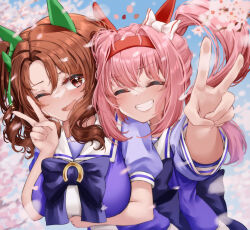 Rule 34 | 2girls, absurdres, animal ears, blue sky, blush, bow, breasts, brown hair, cherry blossoms, closed eyes, commentary request, ear bow, ear covers, facing viewer, falling petals, green bow, grin, haru urara (umamusume), highres, horse ears, horse girl, king halo (umamusume), large breasts, long hair, looking at viewer, multiple girls, one eye closed, open mouth, outdoors, petals, pink hair, ponytail, puffy short sleeves, puffy sleeves, purple bow, purple shirt, red eyes, sailor collar, school uniform, shirt, short sleeves, sky, smile, tabunshake, tracen school uniform, umamusume, upper body, v