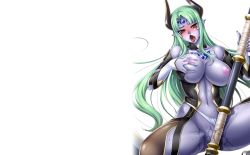 Rule 34 | 00s, 1girl, alternate form, blue skin, blush, breasts, breasts squeezed together, colored skin, corruption, curvy, dark persona, demon girl, demon wings, embarrassed, fingernails, grabbing own breast, green hair, highleg, highleg panties, hime cut, kagami hirotaka, large breasts, lilith-soft, long hair, looking at viewer, lying, moaning, navel, official art, open mouth, panties, pointy ears, presenting, red eyes, revealing clothes, saliva, scythe, shiny skin, spread legs, sweat, taimanin (series), taimanin asagi, taimanin asagi kessen arena, thong, underwear, very long hair, weapon, wings, yatsu murasaki