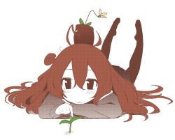 Rule 34 | 1girl, bad id, bad pixiv id, flower pot, highres, long hair, lying, on stomach, pantyhose, pokachu, simple background, solo, white background