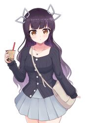 Rule 34 | 1girl, nanashi inc., aitsugawa rui, alternate costume, alternate hairstyle, bag, black hair, black shirt, blunt bangs, blush, breasts, brown eyes, bubble tea, commentary request, cowboy shot, cup, demon girl, demon horns, expressionless, grey skirt, highres, holding, holding cup, horns, jewelry, kojo anna, long hair, looking at viewer, medium breasts, multicolored hair, necklace, open mouth, pleated skirt, purple hair, shirt, simple background, skirt, solo, streaked hair, transparent background, two-tone hair, virtual youtuber