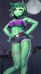 Rule 34 | 1girl, ;), antenna hair, bare arms, bare legs, bare shoulders, belt, breasts, choker, closed mouth, colored skin, crop top, crop top overhang, cutoffs, denim, denim shorts, earrings, feet out of frame, fisheye, from below, full moon, green hair, green skin, hairband, hands on own hips, highres, jewelry, knees up, looking at viewer, lyoung0j, medium breasts, medium hair, midriff, moon, navel, night, night sky, no bra, one eye closed, outdoors, red eyes, rottytops, shantae (series), short shorts, shorts, skull belt, skull earrings, sky, smile, solo, stitches, stomach, torn clothes, yellow hairband, zombie