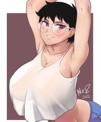 Rule 34 | 1girl, absurdres, arms up, black hair, breasts, freckles, glasses, highres, huge breasts, jane (nesz), large breasts, looking at viewer, nesz r, purple eyes, shirt, short hair, shorts, signature, t-shirt
