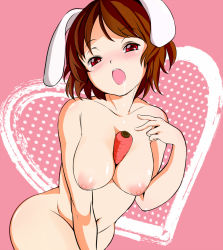 Rule 34 | 1girl, aged up, animal ears, between breasts, blush, breasts, brown hair, carrot, female focus, heart, heart background, inaba tewi, large breasts, nipples, nude, open mouth, rabbit ears, red eyes, reri, revision, short hair, solo, touhou, v arms