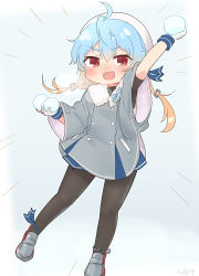 Rule 34 | 1girl, ahoge, aqua hair, arm up, black pantyhose, blonde hair, blue skirt, blush, breath, fang, gloves, gradient hair, hat, holding, kantai collection, koeda (koeda1kg), long hair, long sleeves, low twintails, multicolored hair, open mouth, pantyhose, red eyes, sado (kancolle), signature, simple background, skirt, snowball, solo, twintails, undershirt, white gloves, white hat