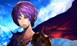 Rule 34 | androgynous, bad id, bad pixiv id, blue eyes, cape, day, eel (artist), facial mark, forehead mark, gender request, jewelry, pendant, purple hair, short hair, shoulder pads, sky, solo