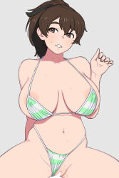 Rule 34 | 1girl, aftersex, areola slip, bikini, bikini bottom aside, breasts, brown eyes, brown hair, cleft of venus, clothing aside, cum, cum in pussy, girls und panzer, hair ribbon, highres, koyama yuzu, large breasts, navel, onsen tamago (hs egg), ponytail, pussy, ribbon, simple background, striped bikini, striped clothes, swimsuit, thick eyebrows, thong bikini, white background, wide hips