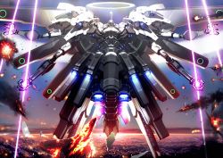 Rule 34 | aircraft, airplane, burning, clenched hands, energy blade, explosion, extra arms, fighter jet, floating, halo, highres, jet, mecha, military, military vehicle, no humans, open hands, original, rapama, robot, science fiction, sky, solo, thrusters