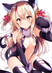 Rule 34 | 1girl, animal ears, bare shoulders, bell, black gloves, black thighhighs, blush, breasts, cat ears, cat tail, commentary request, fake animal ears, fate/kaleid liner prisma illya, fate/stay night, fate (series), frown, fur collar, fur trim, gloves, hair between eyes, hair ornament, heart, heart in eye, highres, illyasviel von einzbern, long hair, looking at viewer, medium breasts, navel, nenobi (nenorium), official alternate costume, pink ribbon, red eyes, ribbon, signature, simple background, solo, symbol in eye, tail, thighhighs, white background