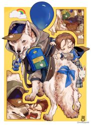 Rule 34 | 1girl, animal, animal focus, armband, backpack, bag, baseball cap, blue armband, blue dress, blue hat, border, brown hair, child, closed eyes, clothed animal, crying, dog, drawstring, dress, full body, grey hoodie, grey shirt, hat, highres, hood, hood up, hoodie, long sleeves, mouth hold, multiple views, open mouth, original, outside border, oversized animal, plaid, plaid dress, rainbow sticker, shirt, shoes, short hair, size difference, sneakers, tears, tonbippo08, tripping, twitter username, unworn shoes, white border