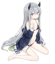 Rule 34 | 1girl, bare legs, bare shoulders, barefoot, belt, belt buckle, bikini, black bikini, blue jacket, blush, breasts, buckle, closed mouth, expressionless, full body, grey hair, hand up, highres, horns, jacket, long hair, long sleeves, looking at viewer, navel, off shoulder, open clothes, open jacket, original, poco (asahi age), purple eyes, sidelocks, simple background, sitting, small breasts, solo, stomach, swimsuit, thighs, very long hair, wariza, white background