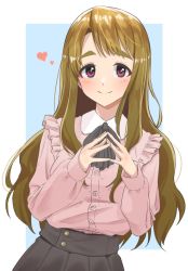 Rule 34 | 1girl, blouse, blush, brown hair, fingers together, heart, high-waist skirt, highres, idolmaster, idolmaster million live!, kaiso (kaisooekaki), long hair, looking at viewer, miyao miya, own hands together, pink shirt, red eyes, shirt, shirt tucked in, simple background, skirt, smile, solo, swept bangs, thick eyebrows, two-tone background, very long hair, wavy hair