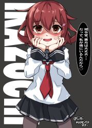Rule 34 | 1girl, absurdres, anchor symbol, black pantyhose, black sailor collar, black skirt, brown eyes, brown hair, character name, commentary, cowboy shot, fang, grey background, hands on own face, highres, ikazuchi (kancolle), kantai collection, kitahama (siroimakeinu831), long sleeves, looking at viewer, neckerchief, open mouth, pantyhose, pleated skirt, red neckerchief, sailor collar, sailor shirt, shaded face, shirt, short hair, skirt, solo, translated, twitter username, white shirt, yandere, yandere trance