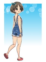 1girl ass blush breasts brown_eyes brown_hair butterfly_hair_ornament girls_und_panzer hair_ornament maruyama_saki naked_overalls open_mouth overalls short_hair simple_background small_breasts smile solo takahashi_kurage walking