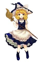 Rule 34 | 1girl, apron, bad id, bad twitter id, blonde hair, blue dress, blue footwear, bow, broom, buttons, crescent, crescent pin, dress, frilled apron, frills, full body, hat, highres, kirisame marisa, legacy of lunatic kingdom, puffy short sleeves, puffy sleeves, shoes, short sleeves, shoudoku taishi (taishi), smile, solo, touhou, white bow, witch hat, yellow eyes