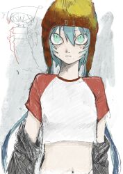 Rule 34 | 1girl, alternate costume, arm warmers, beanie, black arm warmers, blue eyes, blue hair, breasts, commentary, cropped shirt, doodle inset, earflap beanie, hashtag-only commentary, hatsune miku, highres, light blush, long hair, looking up, midriff, mole, mole on cheek, mole under mouth, multiple views, navel, nekoengine, raglan sleeves, red headwear, red sleeves, sanpaku, shirt, sketch, small breasts, tsurime, twintails, two-tone headwear, upper body, vocaloid, white shirt, yellow headwear