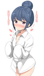 Rule 34 | 1girl, absurdres, aikawa ryou, blue hair, blush, closed mouth, collarbone, collared shirt, commentary request, dress shirt, hair bun, heart, highres, long sleeves, looking at viewer, naked shirt, nose blush, purple eyes, shima rin, shirt, sidelocks, simple background, single hair bun, sleeves past fingers, sleeves past wrists, solo, translated, white background, white shirt, yurucamp