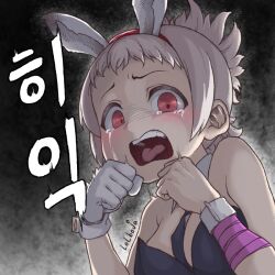 Rule 34 | 1girl, animal ears, artist name, bandaged arm, bandages, bare shoulders, battle bunny riven, black leotard, black necktie, detached collar, fake animal ears, gloves, gradient background, grey background, grey hair, hands up, league of legends, leotard, lolboja, necktie, playboy bunny, rabbit ears, riven (league of legends), scared, short hair, single glove, solo, tears, tongue, tongue out, translation request, white gloves