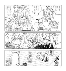 Rule 34 | 1other, 3koma, 4girls, absurdres, blue archive, comic, eating, fuuka (blue archive), fuuka (new year) (blue archive), gun, highres, image sample, japanese clothes, japanese text, kimono, koharu (blue archive), kokona (blue archive), mika (blue archive), monochrome, multiple girls, school uniform, twitter sample, waira, weapon
